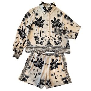 Cabi Marrakech 2 Piece Set Black on Tan SS Shirt/Shorts M Resortwear Cruise NWOT